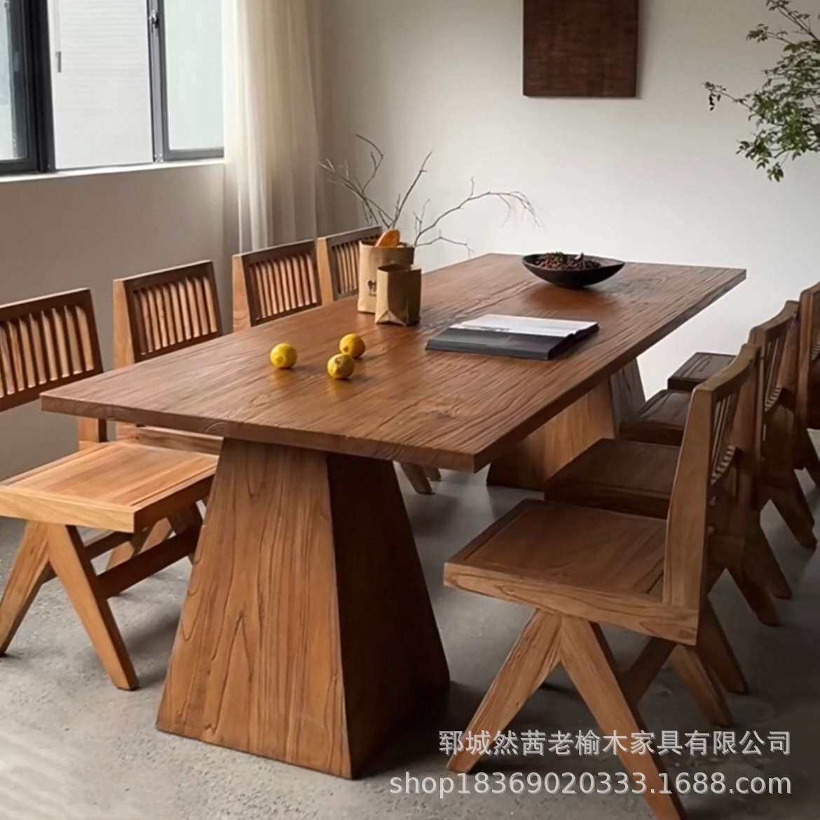 新中式老榆木茶桌自然风化老门喝茶桌禅意办公桌椅实木待客茶桌椅
