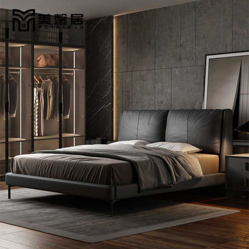 真皮床意式极简双人婚床北欧现代软包床主卧室轻奢皮艺床工厂直销