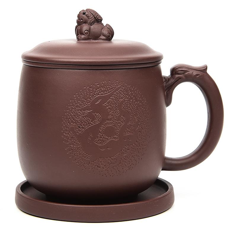宜兴紫砂杯内胆过滤茶杯带盖杯子原矿全手工茶具紫泥隔舱杯龙貔貅