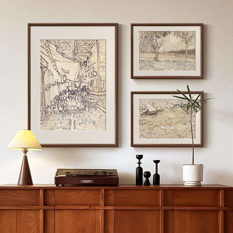 梵高素描风景画组合画法式复古艺术客厅装饰画中古风玄关斗柜挂画