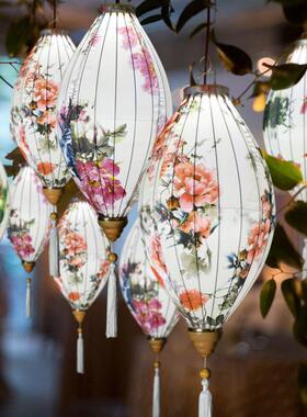 橄榄绸缎花款灯笼古风网红打卡布置户外防水装饰印花景区吊顶宫灯