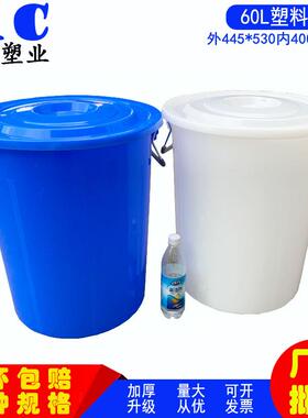河南塑料水桶带盖60L塑料桶圆形加厚白色水桶中号蓝色垃圾桶