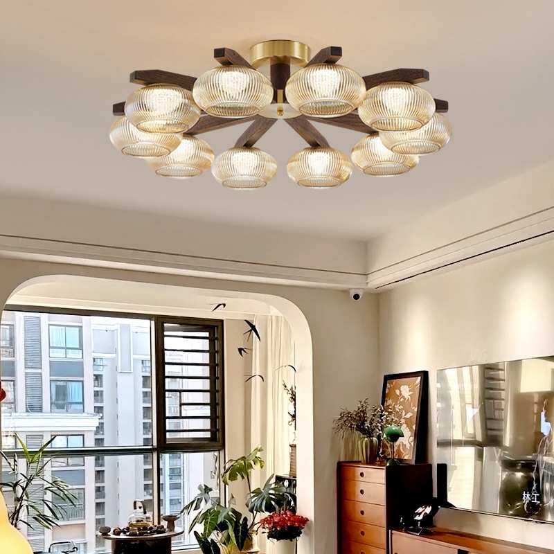 新中式客厅吊灯黑胡桃木现代中古风奶油风大厅吸顶主灯中国风全铜