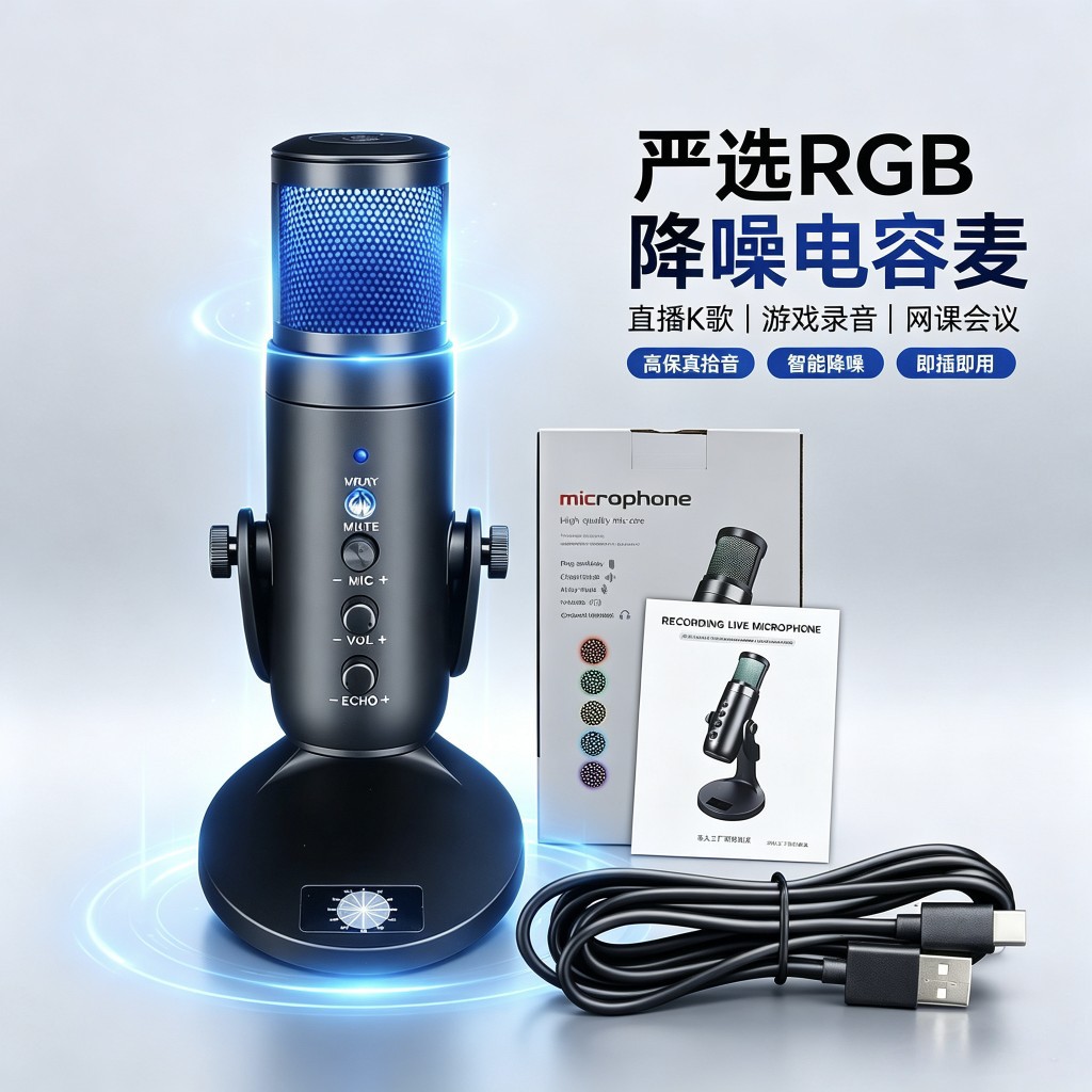 源头厂家USB电容麦克风直播声卡话筒k歌神器电脑手机游戏会议话筒