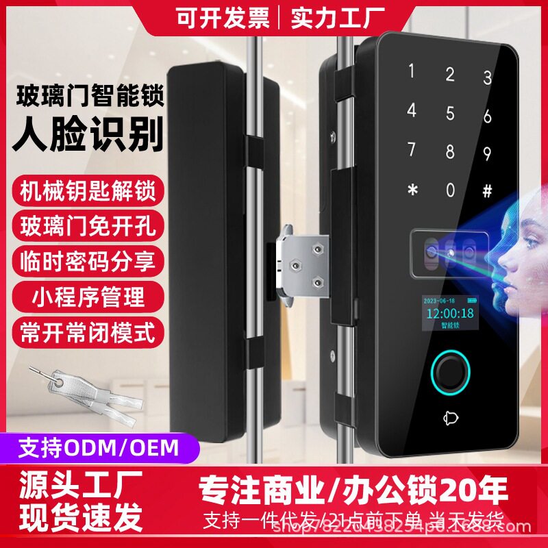 玻璃门智能锁人脸识别办公室密码锁扫脸指纹锁双门单开门禁锁