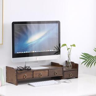 竹制电脑显示器增高支架带背板桌面收纳架显示屏加高底座置物架子