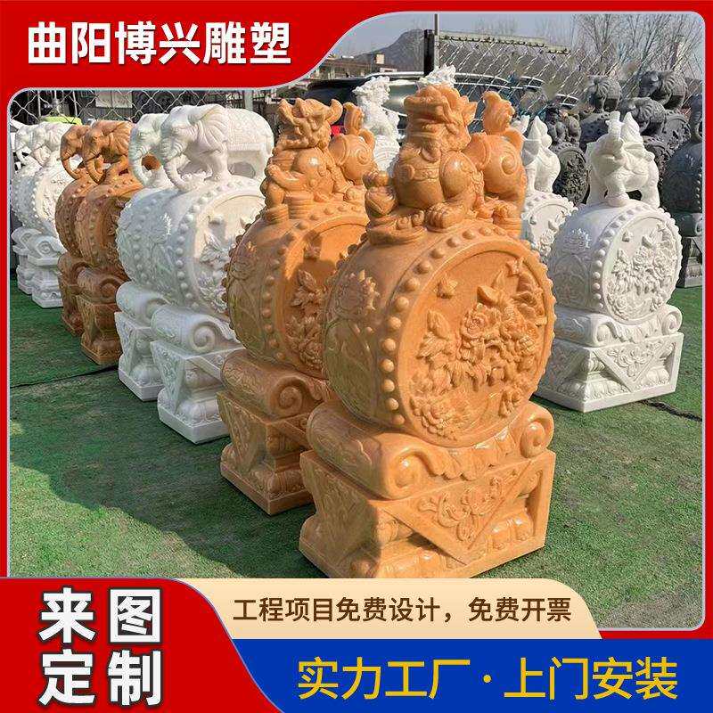大理石抱古石晚霞红貔貅古典仿古石刻石雕雕花动物门鼓摆件厂家