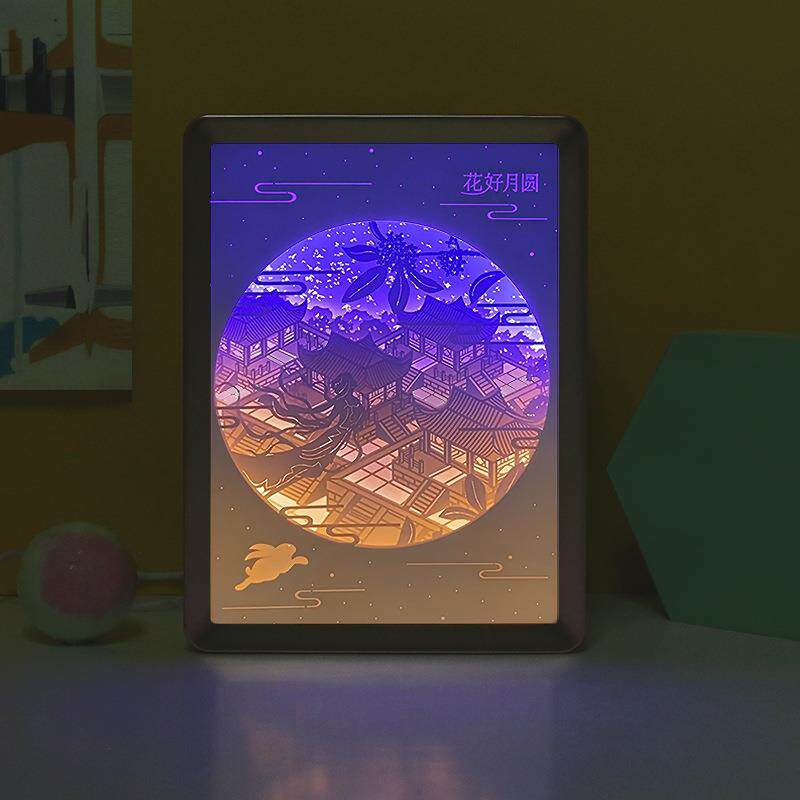 花好月圆3D立体光影纸雕灯文创创意礼品礼物雕刻小夜灯定制台灯