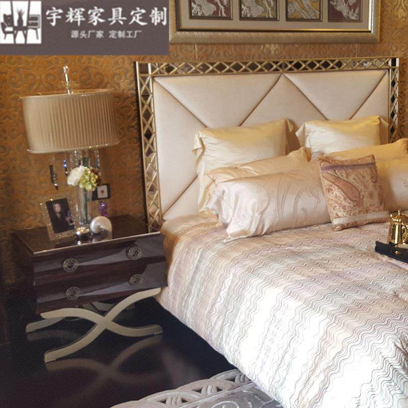 新古典后现代卧室家具 实木雕刻香槟银箔床边灯柜 带抽床头柜