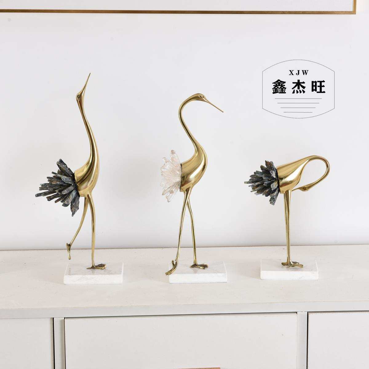 客厅玄关样板房电视柜摆设乔迁新居 现代水晶铜鹤摆件家居饰品