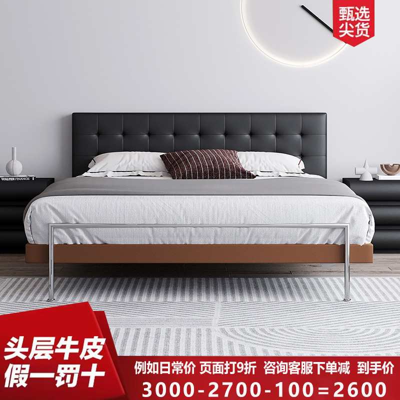 意式极简华夫格床软包主卧婚床现代简约双人小户型床主卧真皮床