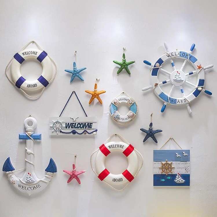 。地中海装饰组合挂件海洋风格船舵挂饰泳圈海星渔网墙面壁饰装饰图片