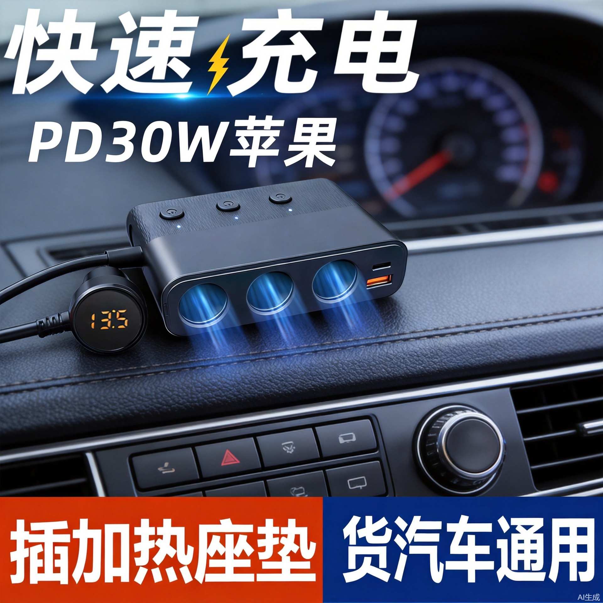 车载充电器汽车点烟器一拖三插头车充电源转换器闪充快充充电器