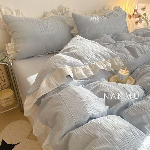 芝芝海盐治愈系清新淡蓝色全棉四件套少女心简约花边纯棉被套2m