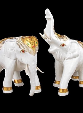 大象摆饰一对实木白色泰国工艺礼品摆饰招财吸水木雕东南亚风格装