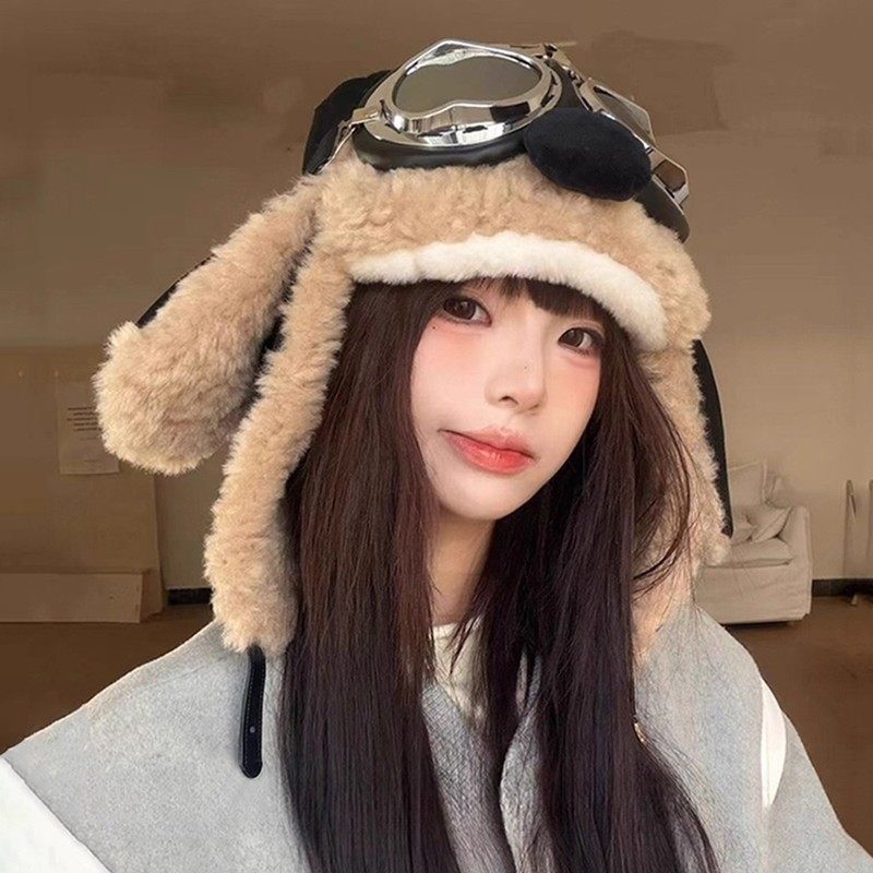 2025新款飞行员眼镜雷锋帽子女冬季保暖防寒护耳帽户外骑行滑雪帽