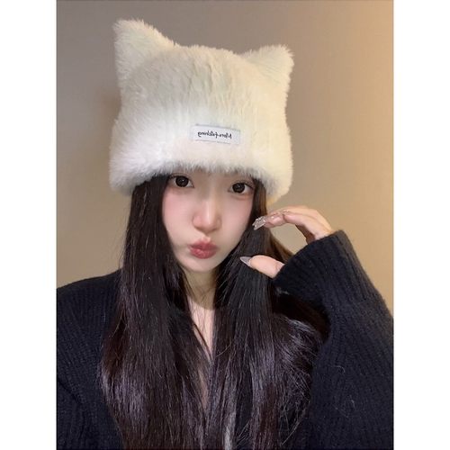 可爱猫耳朵毛绒针织帽女秋冬韩版显脸小毛线帽大头围保暖护耳帽子