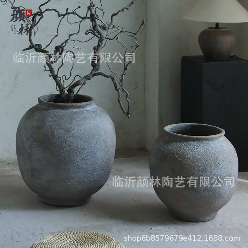 侘寂风复古陶罐水泥罐子落地花瓶陶艺装饰摆件室内外绿植盆栽容器