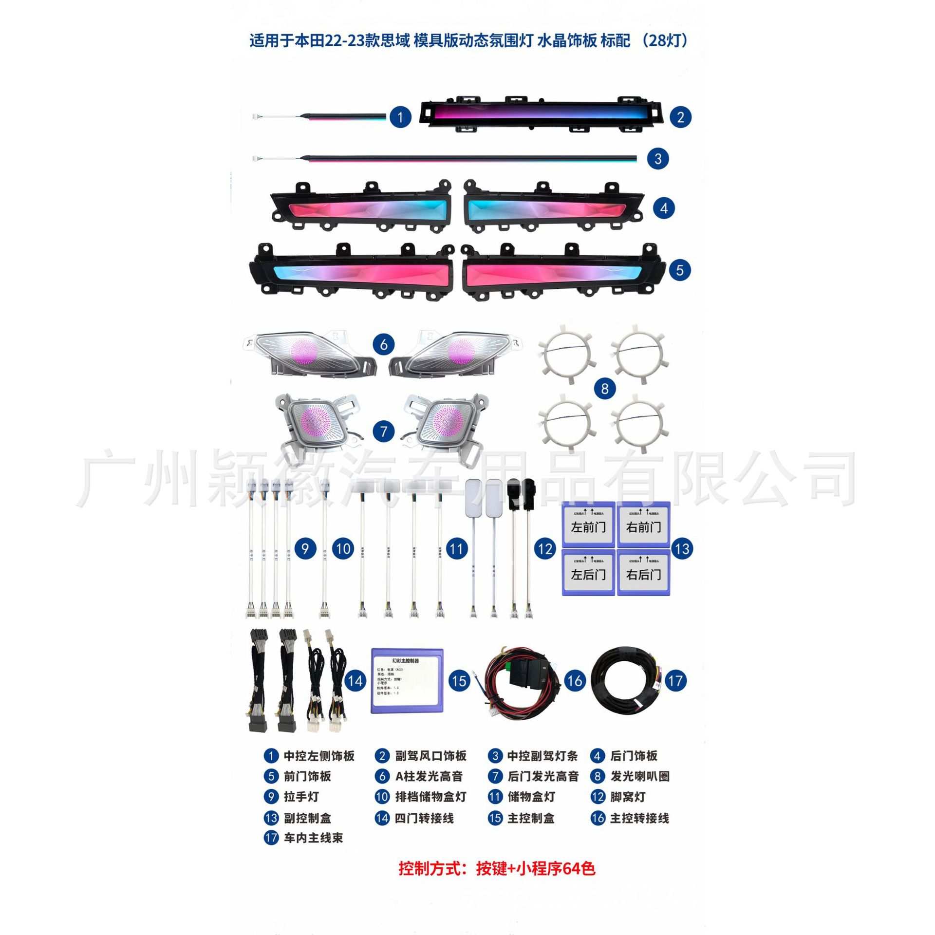适用于22-23款本田十一代思域型格水晶模具版动态幻彩氛围灯64色