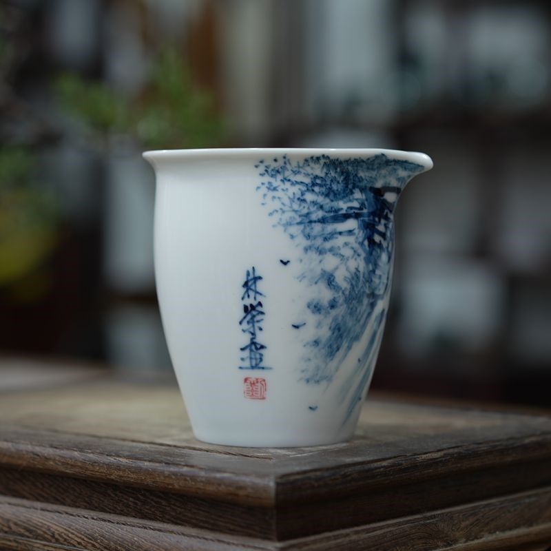九希堂茶具刘林荣手绘分茶器釉下功夫茶具高白瓷青花瓷公道杯山水