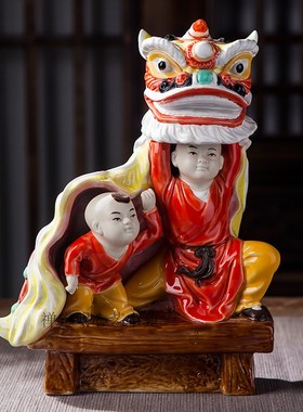 石湾陶瓷家居装饰品客厅摆件开业送礼岭南名俗醒狮舞狮文化 彩青