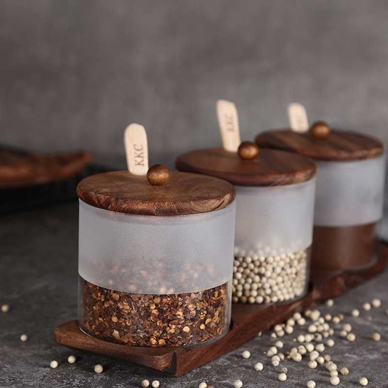玻璃调味罐三件套创意厨房用品盐罐糖罐调味罐木制调味盒套装