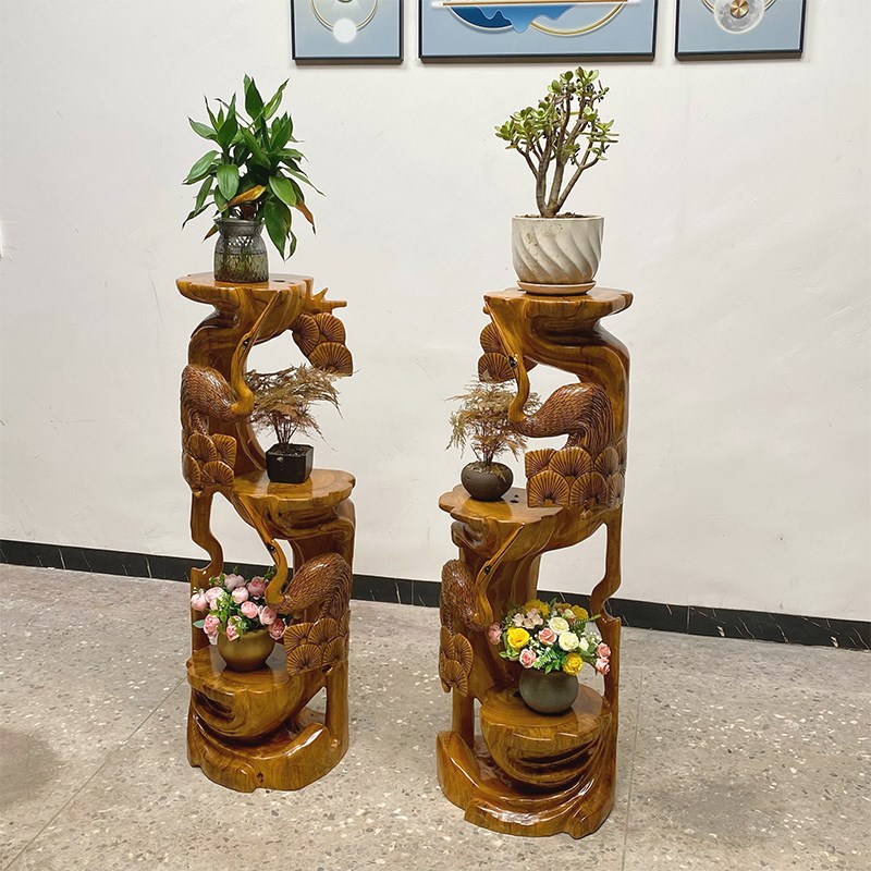 香樟木根雕松鹤延年花架客厅树根木雕摆件实木天木原然底座多款