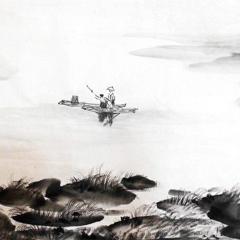 纯手绘手工国画山水画办公室客厅书房横幅黑白漓江山水一帆风顺
