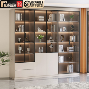 书柜一体到顶新i中式 书柜高档酒柜带玻璃门展示柜整墙定制书