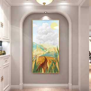 入户玄关轻奢过道落地有框画麦田丰收风景油画走廊竖版大幅装饰画