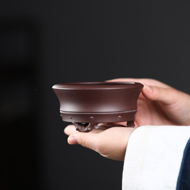 清香阁紫砂 名家手桌竹节圆口花器 茶台清供型植 工面微绿小桩花