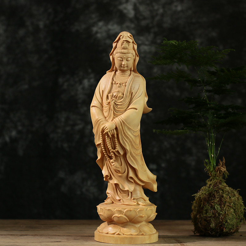 小叶黄杨木雕像摆件拿品观音家用饰品供奉实木工艺珠贴金佛刻菩萨