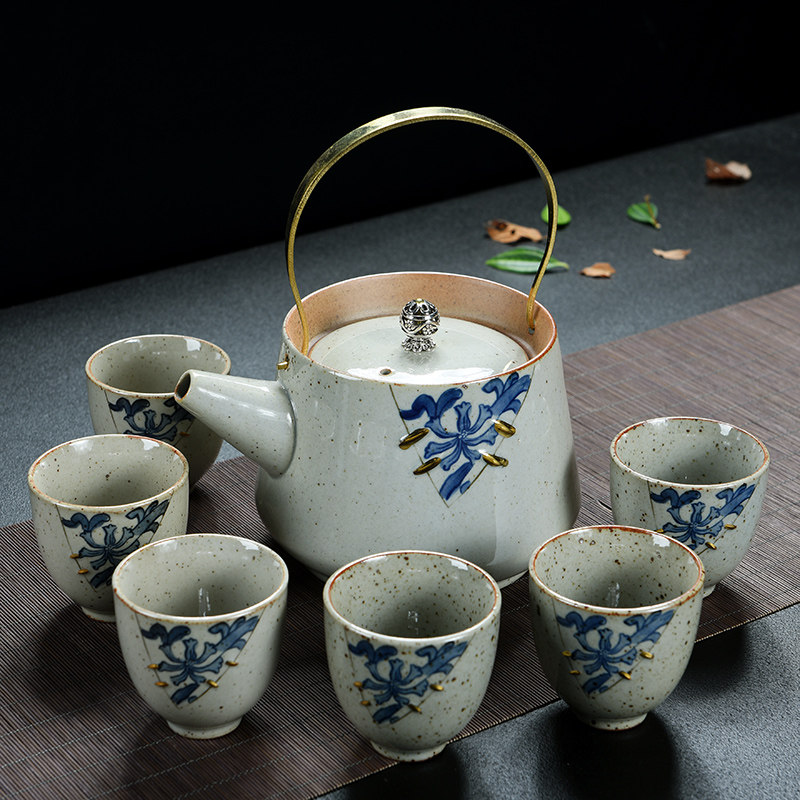陶瓷茶具套装功夫茶具整套青瓷提梁壶大号古陶泡茶具仿古茶壶茶杯