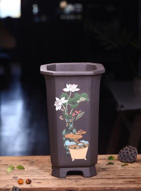 清香阁李超新款40cm高四方紫砂花盆手工彩绘程梅大型临水悬崖盆景