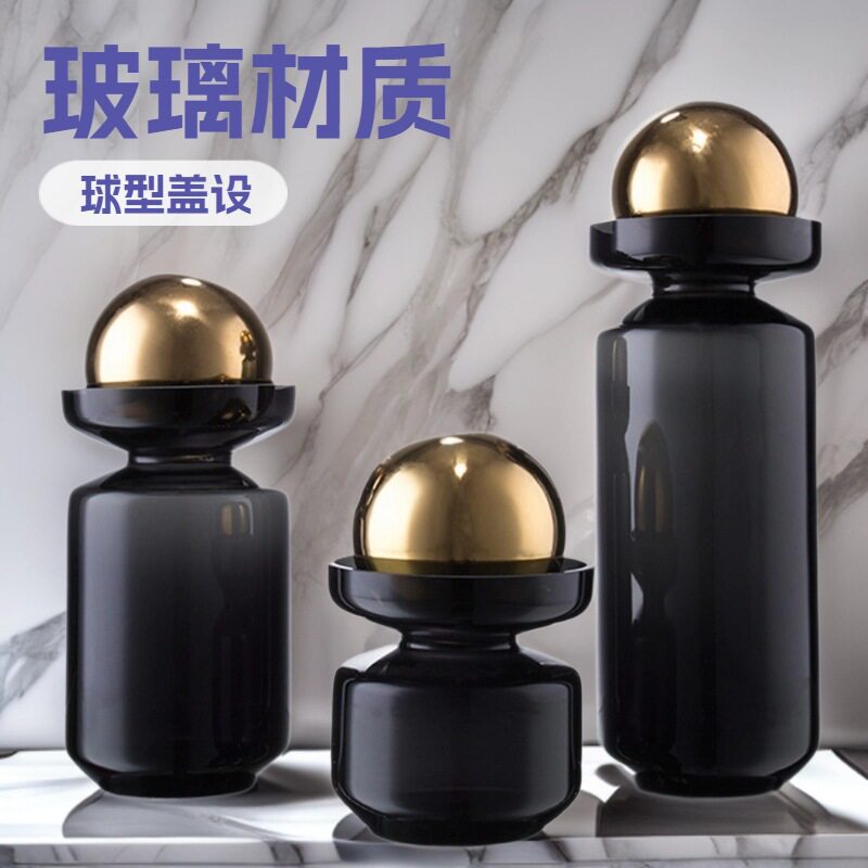 黑色玻璃花瓶带球型盖水培干花插花器批发摆件手绘玻璃花盆