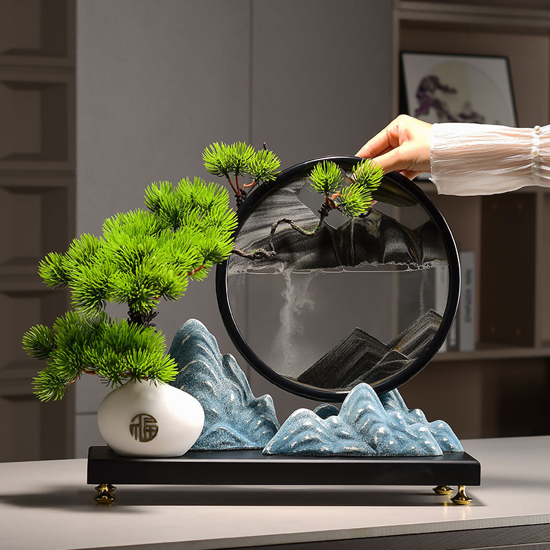 新中式迎客松摆件流沙画玄关博古架复古风禅意茶室家居装饰品批发