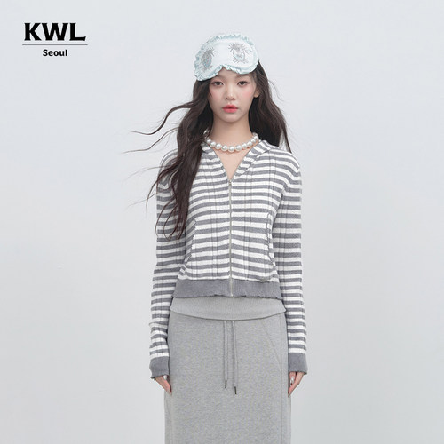 KWL女装针织开衫灰色长袖开衫短款修身休闲百搭条纹上衣