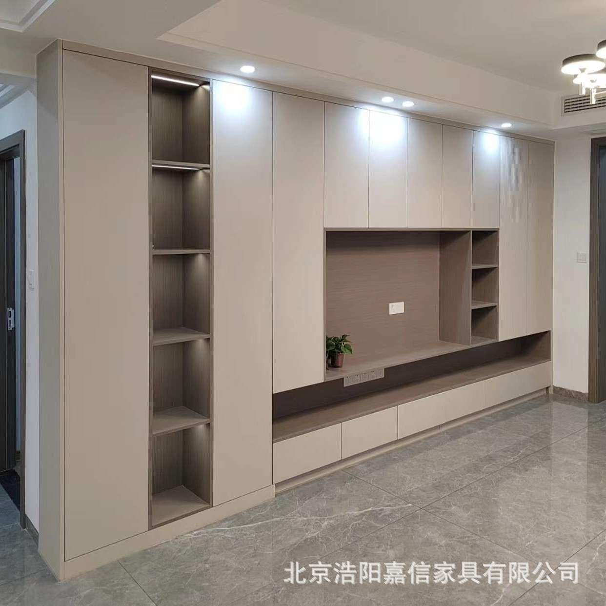 北京厂家全屋定 制爱格板木纹H1181露水河柜体极简风格电视墙柜