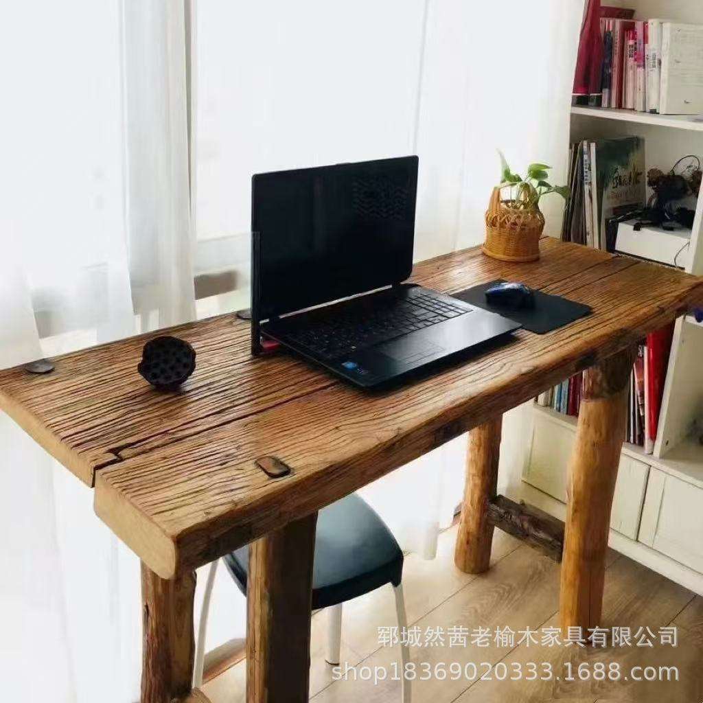 新中式老榆木茶桌长方形老门板办公会议桌椅实木长条桌喝茶桌餐桌