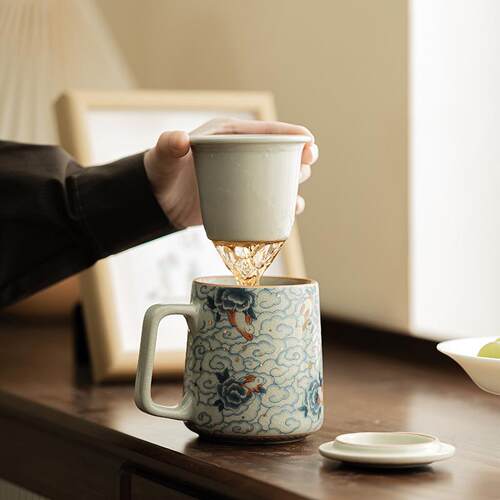 仿宋汝窑祥云瑞兔马克杯家用陶瓷办公杯茶水分离过滤杯茶杯个人杯