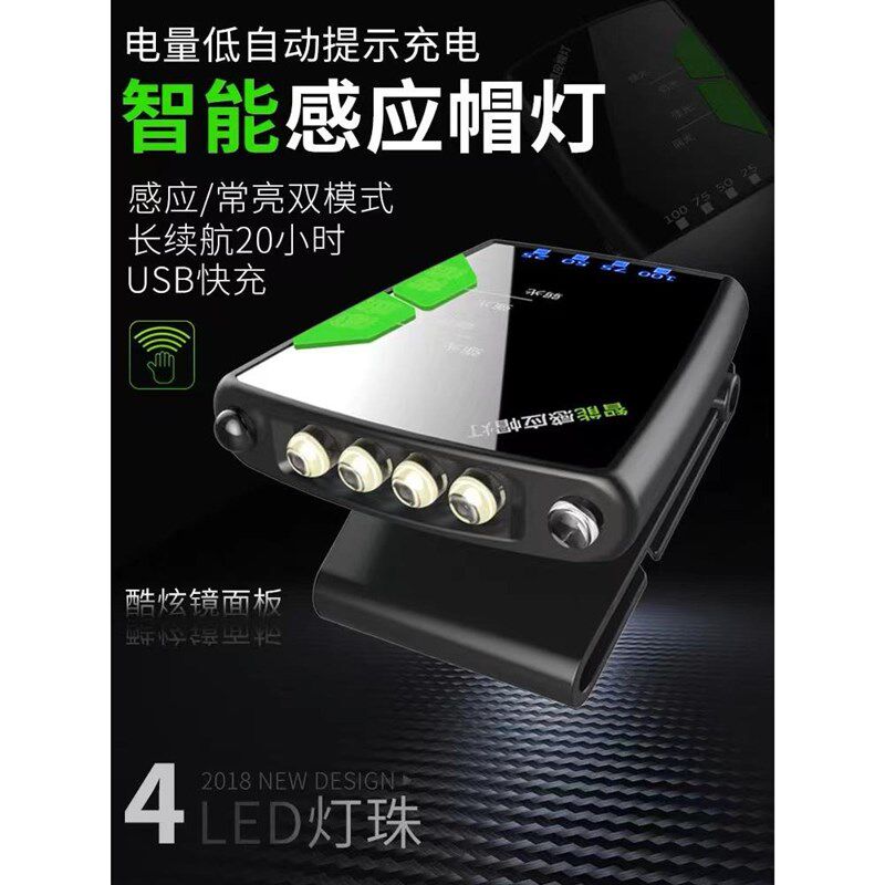 新款感应头灯钓鱼夜钓可充电强光超亮LED夹帽灯帽檐头戴式防水