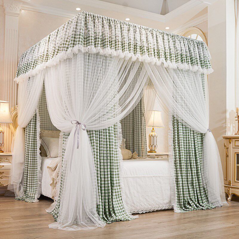 遮光床帘蚊帐防尘布顶防蚊虫三开门落地宫廷纹账家用卧室床幔纯色