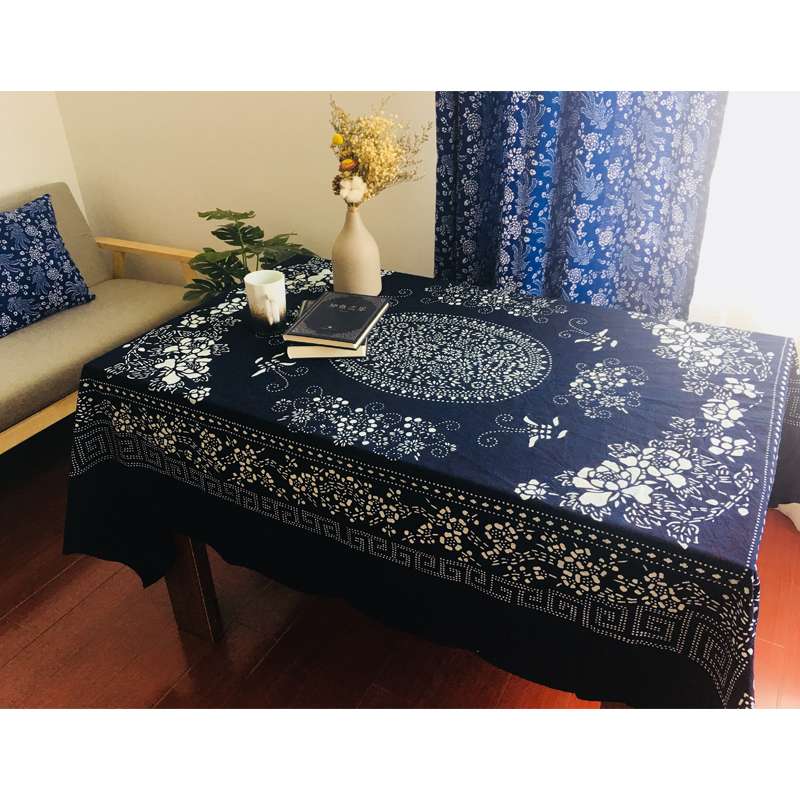 乌镇蓝印花布桌布手工蜡染双面印花复古台布农家乐茶馆中式餐王金