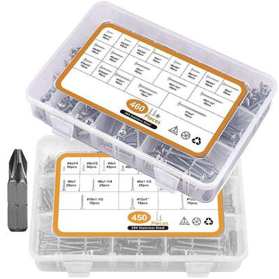 450/460pcs304不锈钢十字圆头自攻螺丝套装十字沉头自攻螺丝盒装