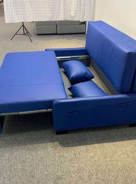 现代简约浅蓝色皮艺沙发小户型客厅卧室双人折叠可储物功能沙发床