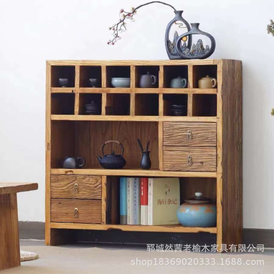 复古老榆木小书架客厅落地式瓷器茶具收纳架多层儿童绘本架博古架