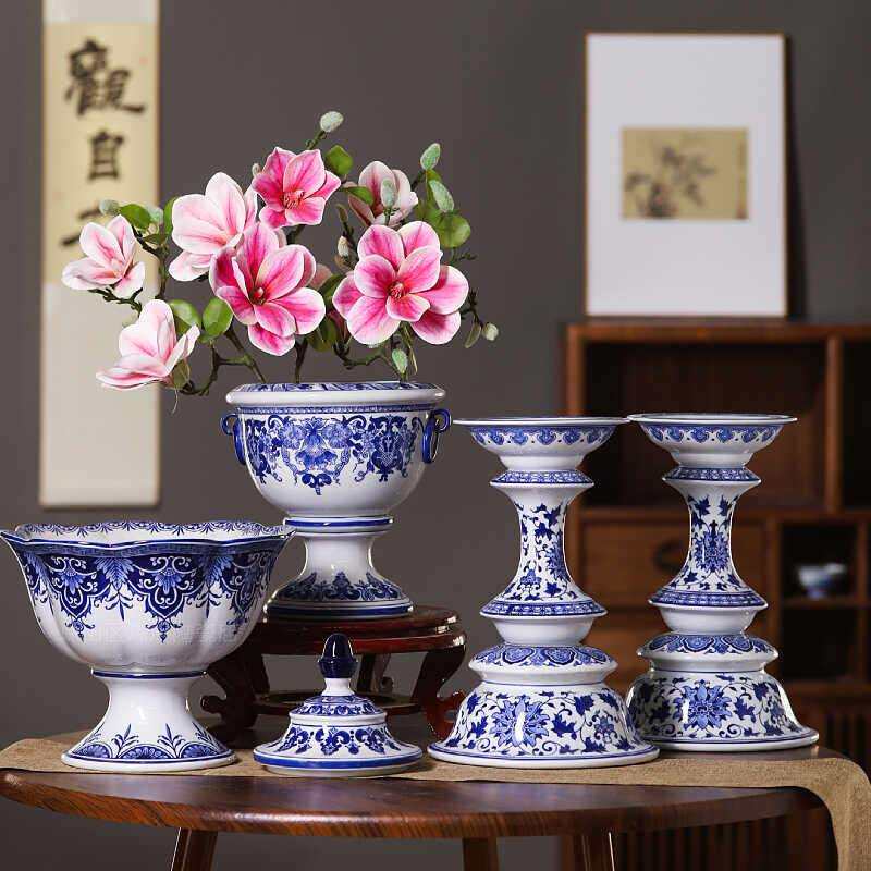 中国风青花瓷果盘烛台陶瓷水果干果供果盘客厅餐馆中式菜盘装饰品