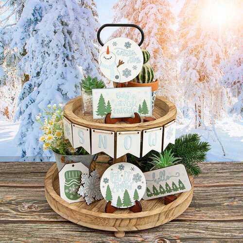 跨境SNOW标志 欢迎冬季雪人款式分层托盘装饰品 家居桌面木质摆件