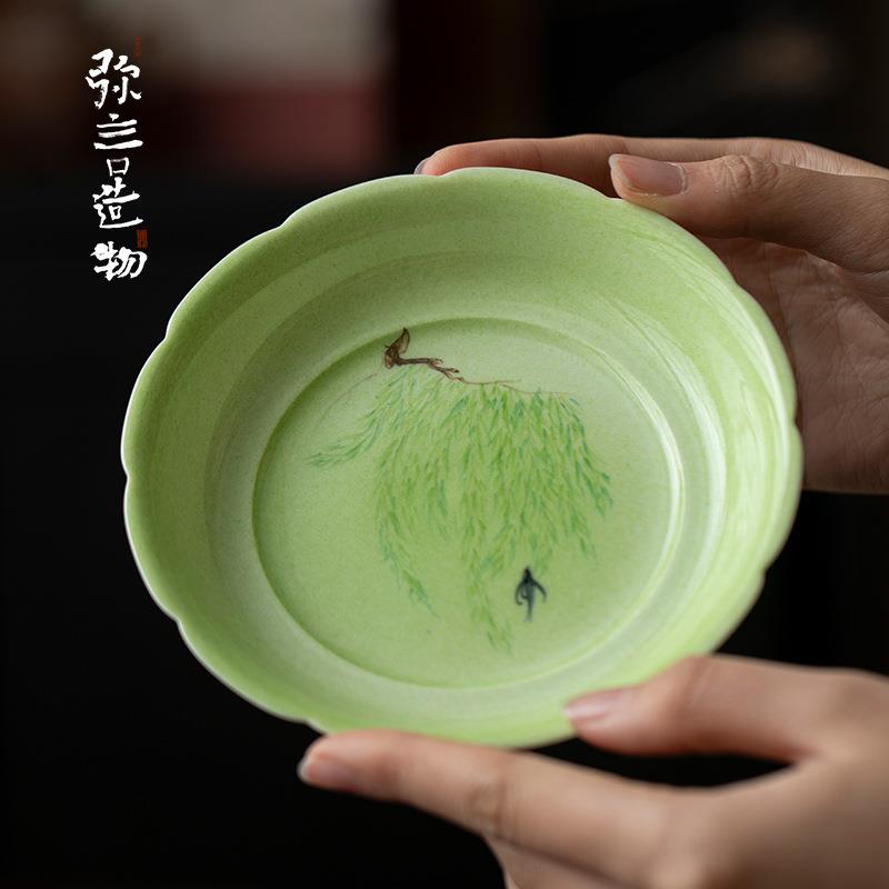 弥言纯手绘柳燕壶承手工陶瓷花口干泡盘家用小茶台盖碗茶壶垫简约