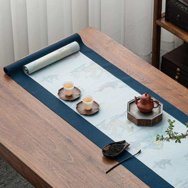 中式双面茶席桌垫茶旗禅意叠加长款布艺茶桌垫子茶席干泡茶台布垫